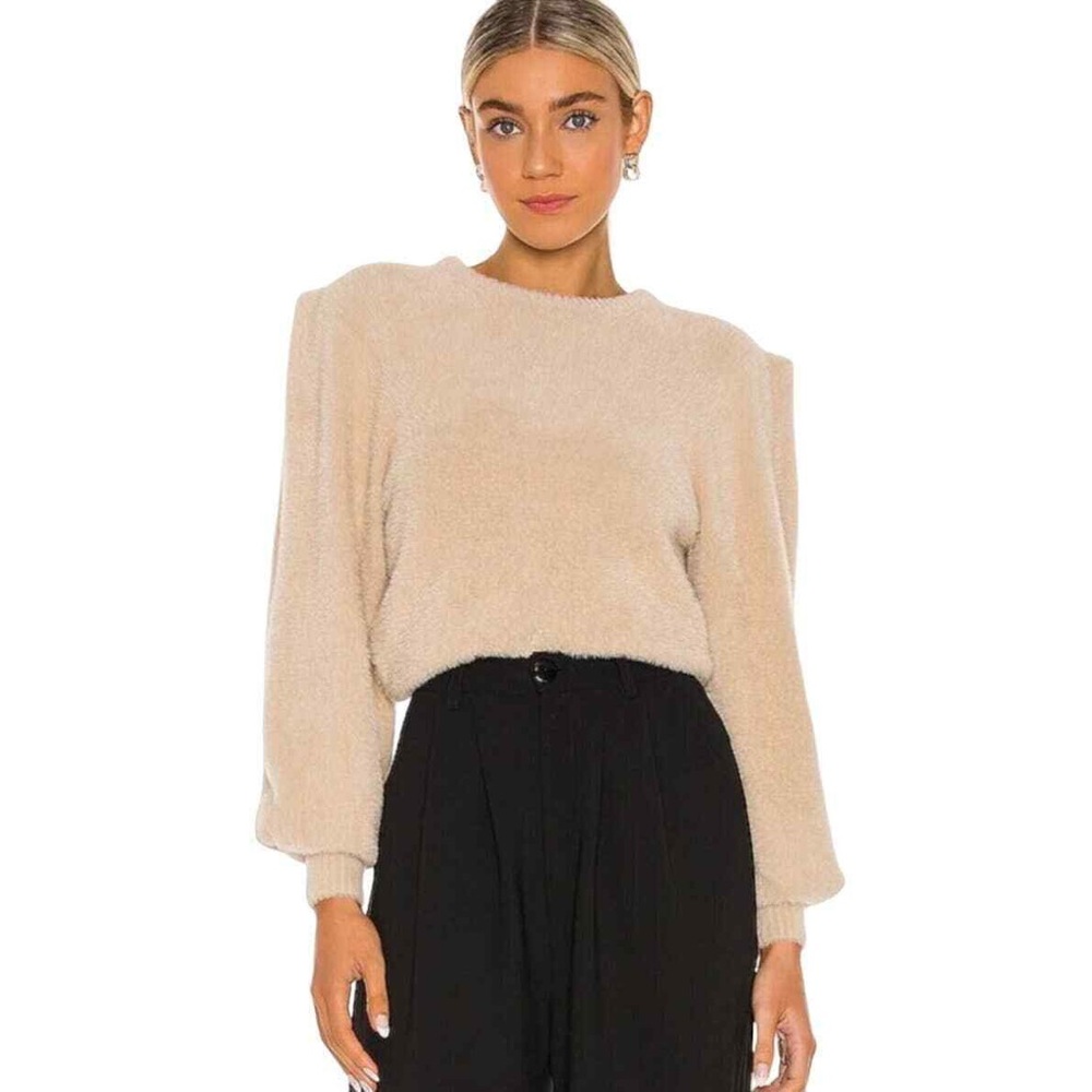 RONNY KOBO REVOLVE Carina Fuzzy Knit Top Eyelash Sweater Sand